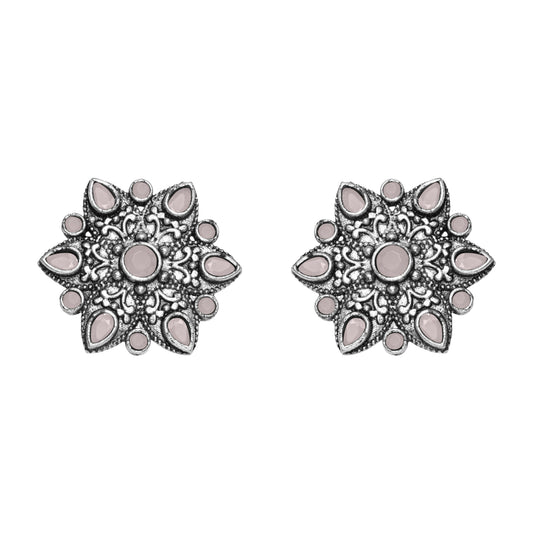 Baby Pink Stone Studded Star Shaped German Silver Stud Earrings