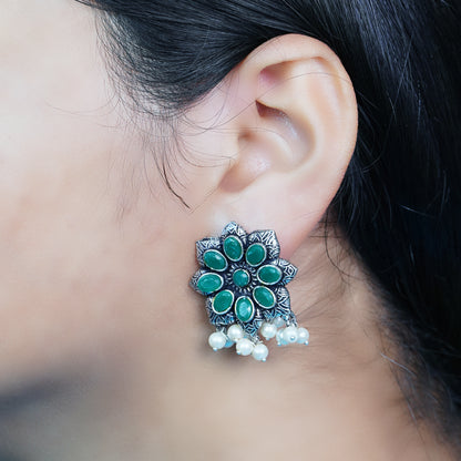 Green Stone Studded Oxidised Earrings With Hanging Pearls