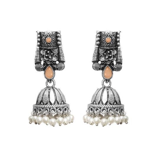 Light Orangish Stone Studded German Silver Earrings With Brass Jhumki