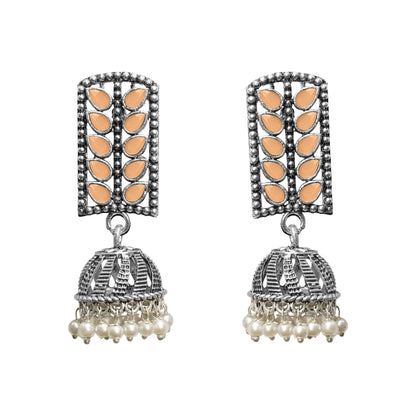 Light Orangish Stone Studded German Silver Statement Earrings With Brass Jhumki