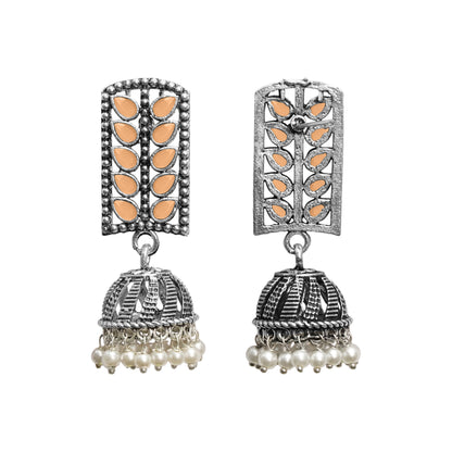 Light Orangish Stone Studded German Silver Statement Earrings With Brass Jhumki