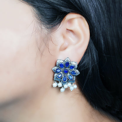 Blue Stone Studded Oxidised Earrings With Hanging Pearls