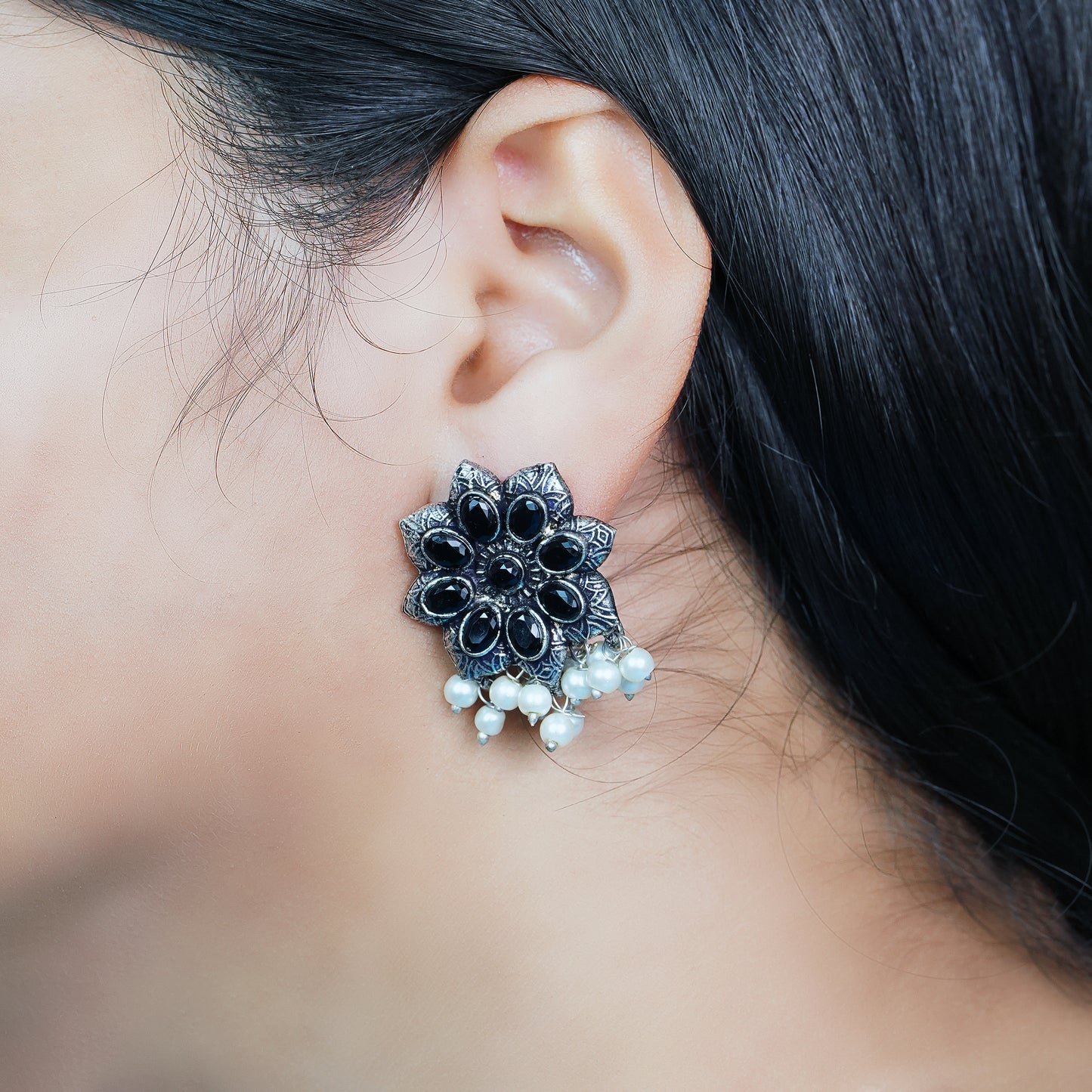 Black Stone Studded Oxidised Earrings With Hanging Pearls