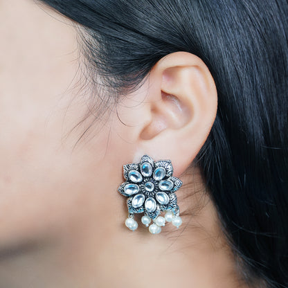 White Stone Studded Oxidised Earrings With Hanging Pearls