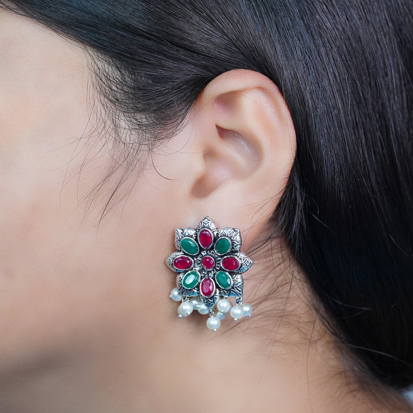 Multicolored Stone Studded Oxidised Earrings With Hanging Pearls