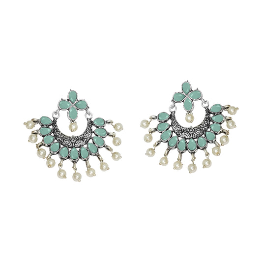 Mint Stone Studded Statement German Silver Dangler Earrings