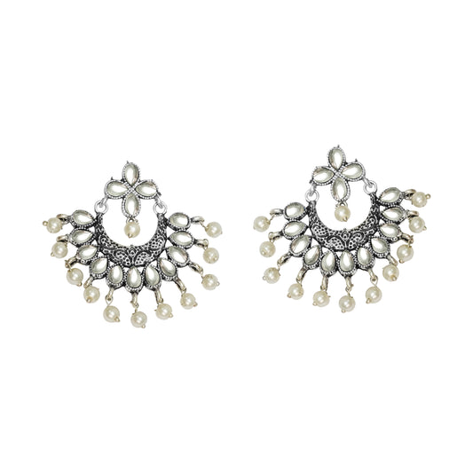 White Stone Studded Statement German Silver Dangler Earrings