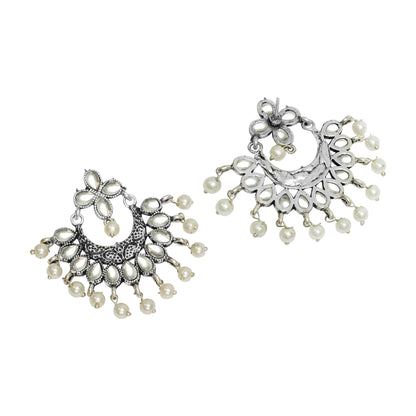 White Stone Studded Statement German Silver Dangler Earrings