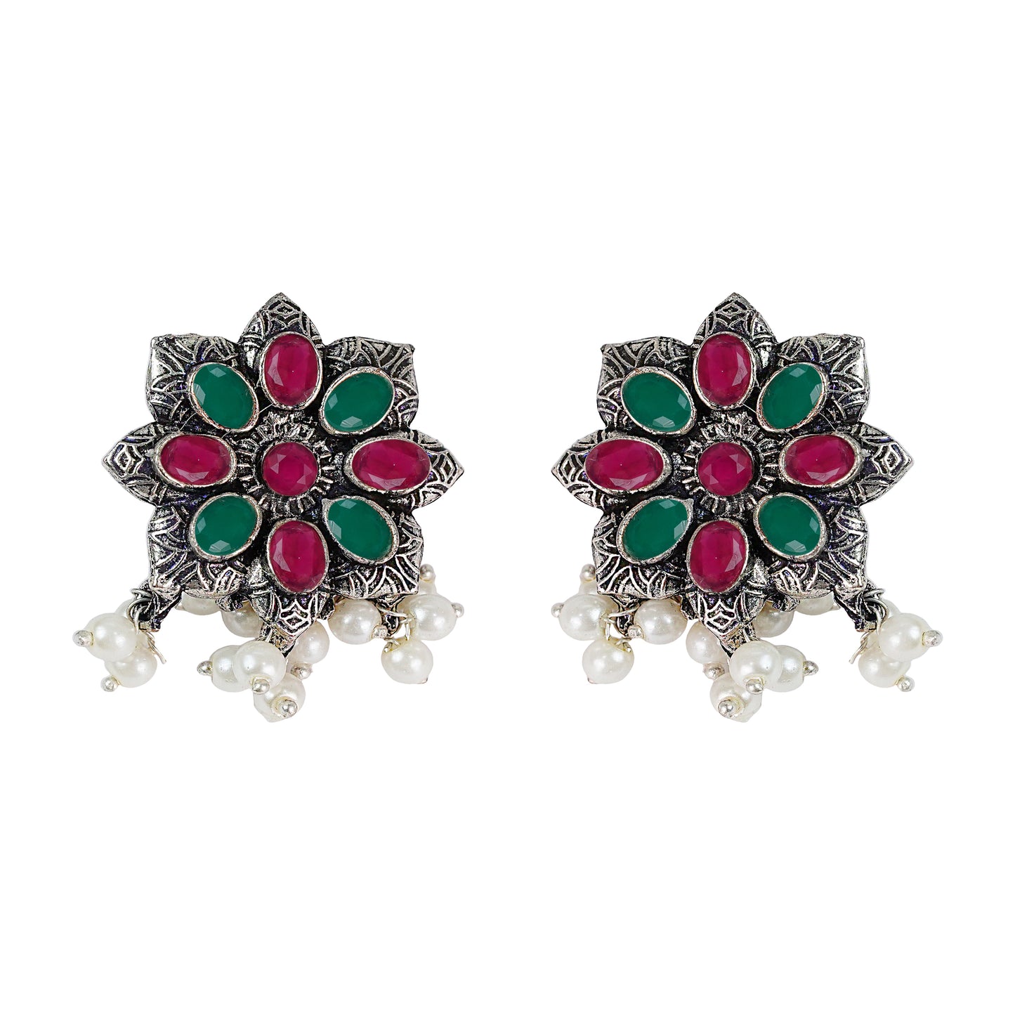 Multicolored Stone Studded Oxidised Earrings With Hanging Pearls