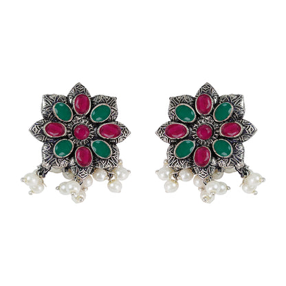 Multicolored Stone Studded Oxidised Earrings With Hanging Pearls