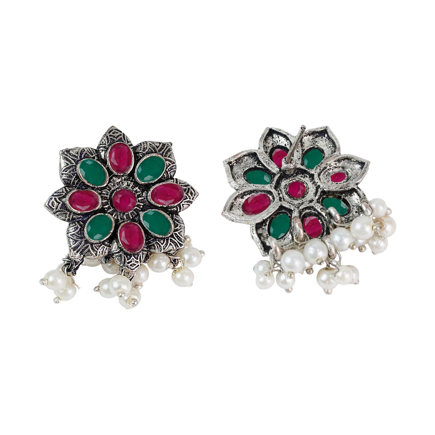 Multicolored Stone Studded Oxidised Earrings With Hanging Pearls