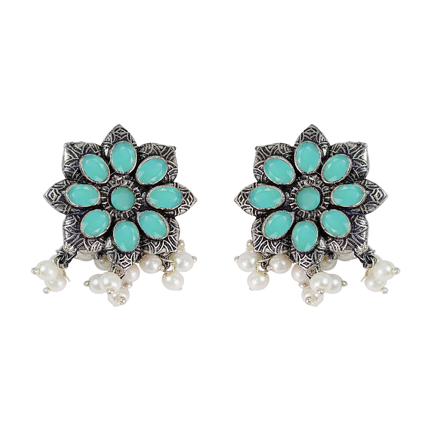 Pista Stone Studded Oxidised Earrings With Hanging Pearls