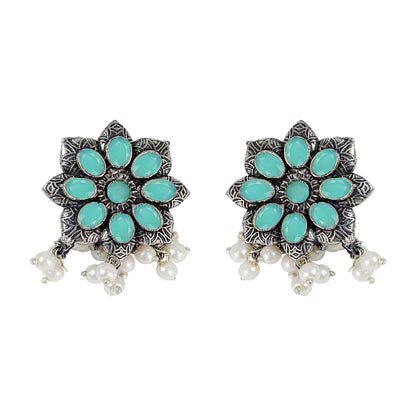 Pista Stone Studded Oxidised Earrings With Hanging Pearls