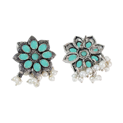 Pista Stone Studded Oxidised Earrings With Hanging Pearls