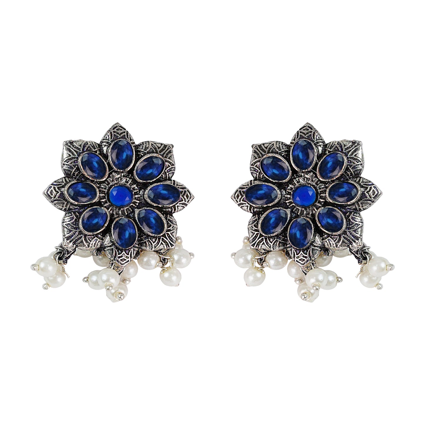 Blue Stone Studded Oxidised Earrings With Hanging Pearls