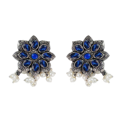 Blue Stone Studded Oxidised Earrings With Hanging Pearls