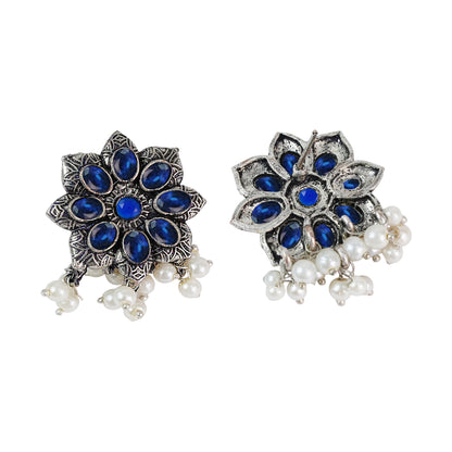 Blue Stone Studded Oxidised Earrings With Hanging Pearls