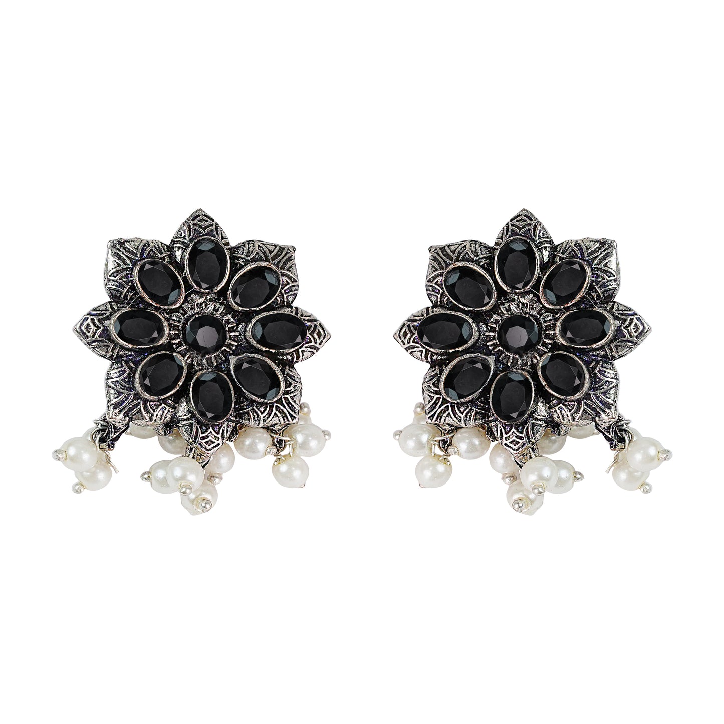 Black Stone Studded Oxidised Earrings With Hanging Pearls