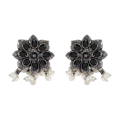 Black Stone Studded Oxidised Earrings With Hanging Pearls