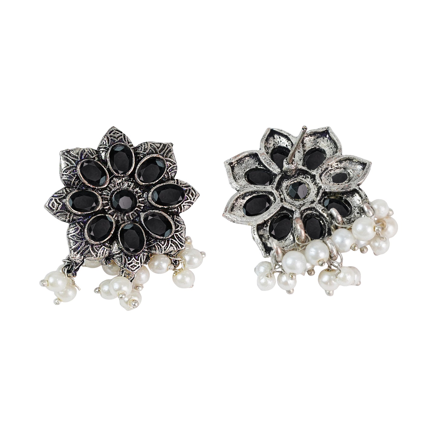 Black Stone Studded Oxidised Earrings With Hanging Pearls