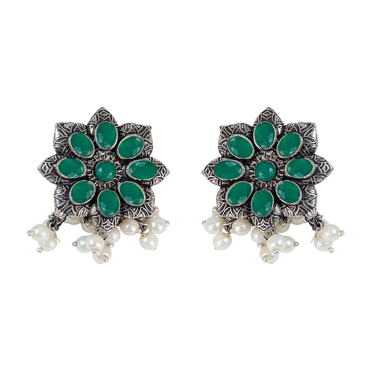 Green Stone Studded Oxidised Earrings With Hanging Pearls