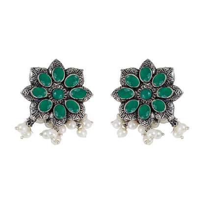 Green Stone Studded Oxidised Earrings With Hanging Pearls