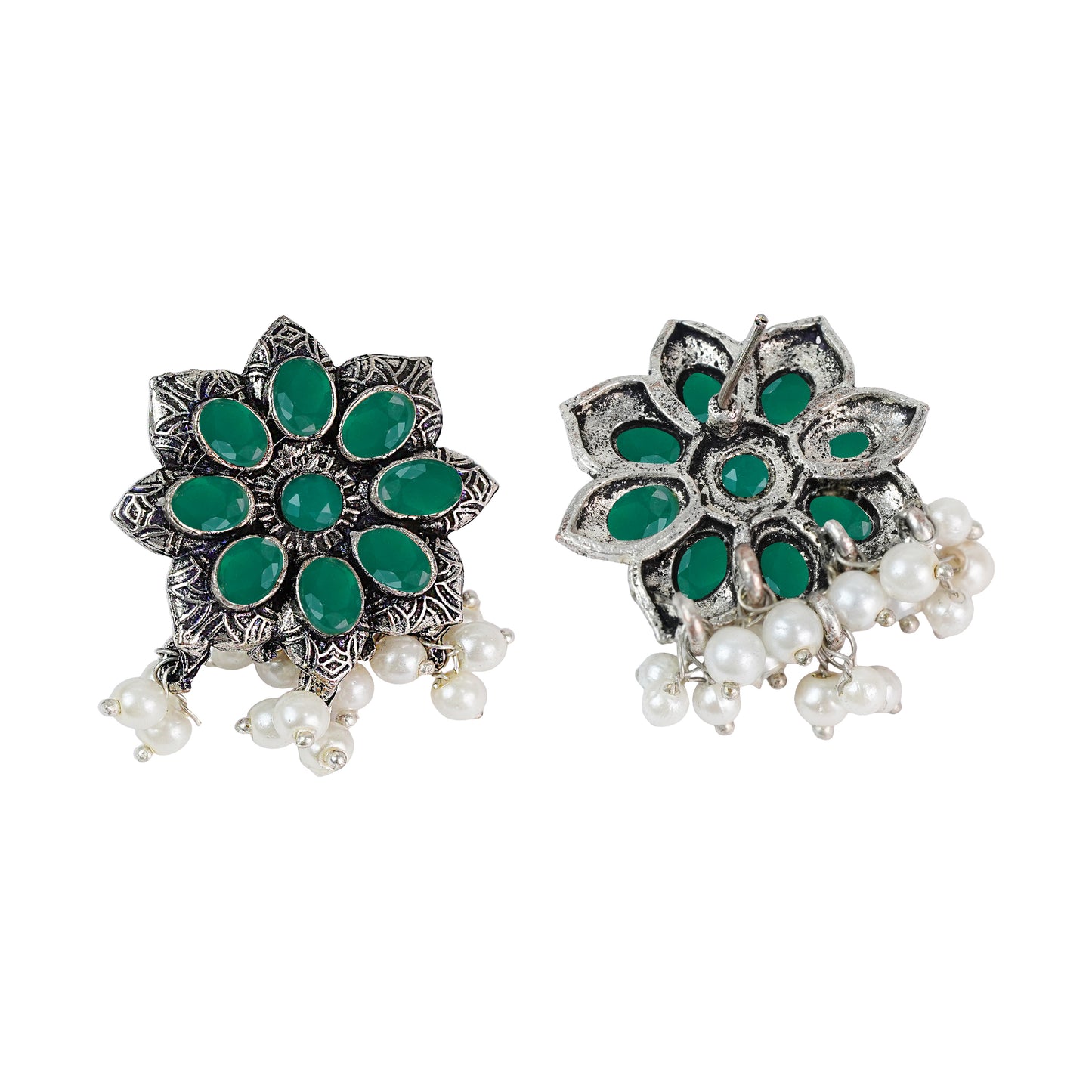 Green Stone Studded Oxidised Earrings With Hanging Pearls