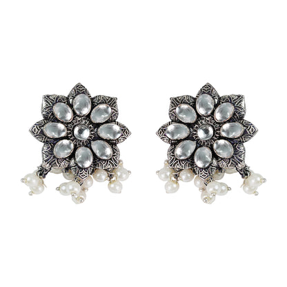 White Stone Studded Oxidised Earrings With Hanging Pearls