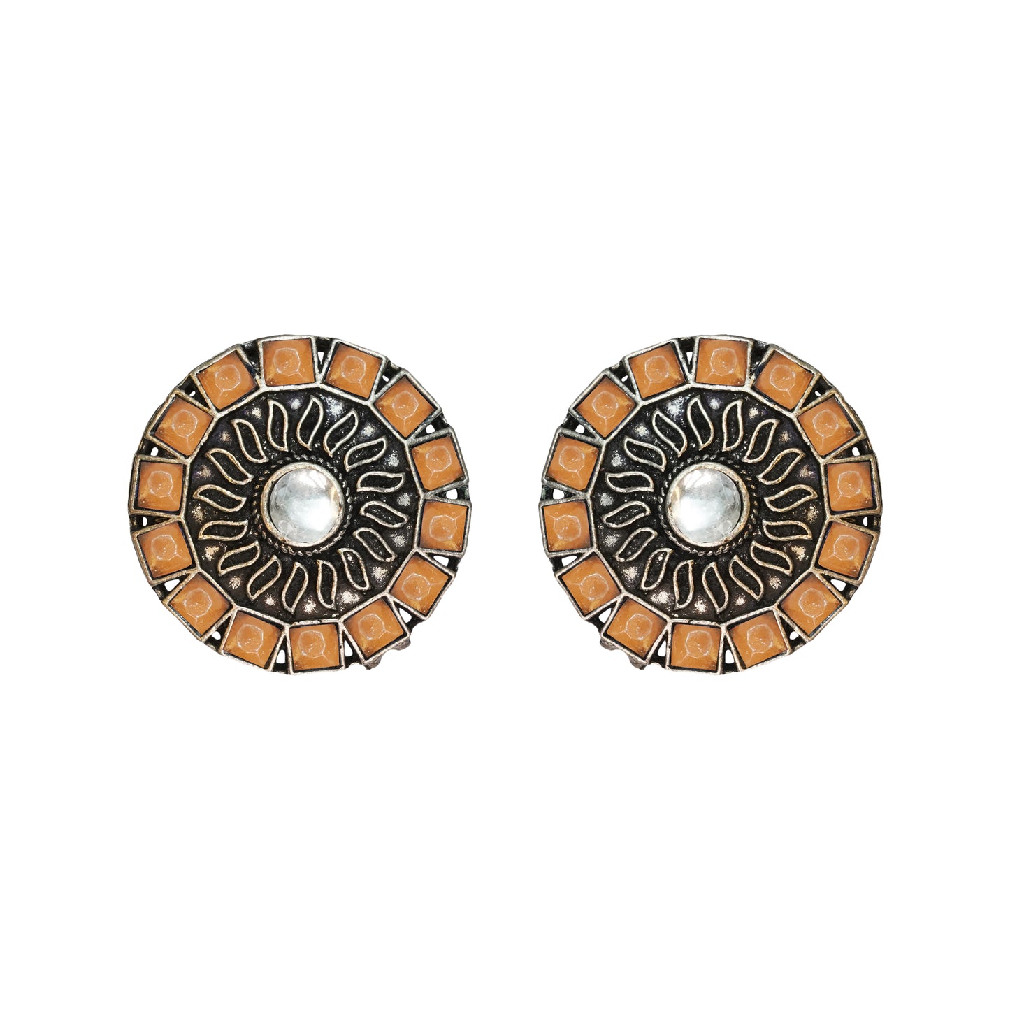 Light Orangish Stone Studded Beautiful Oxidised Stud Earrings