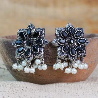 Black Stone Studded Oxidised Earrings With Hanging Pearls