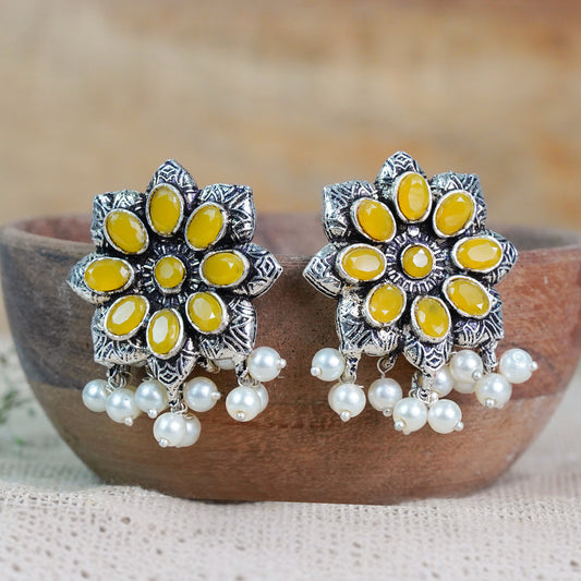 Yellow Stone Studded Oxidised Earrings With Hanging Pearls