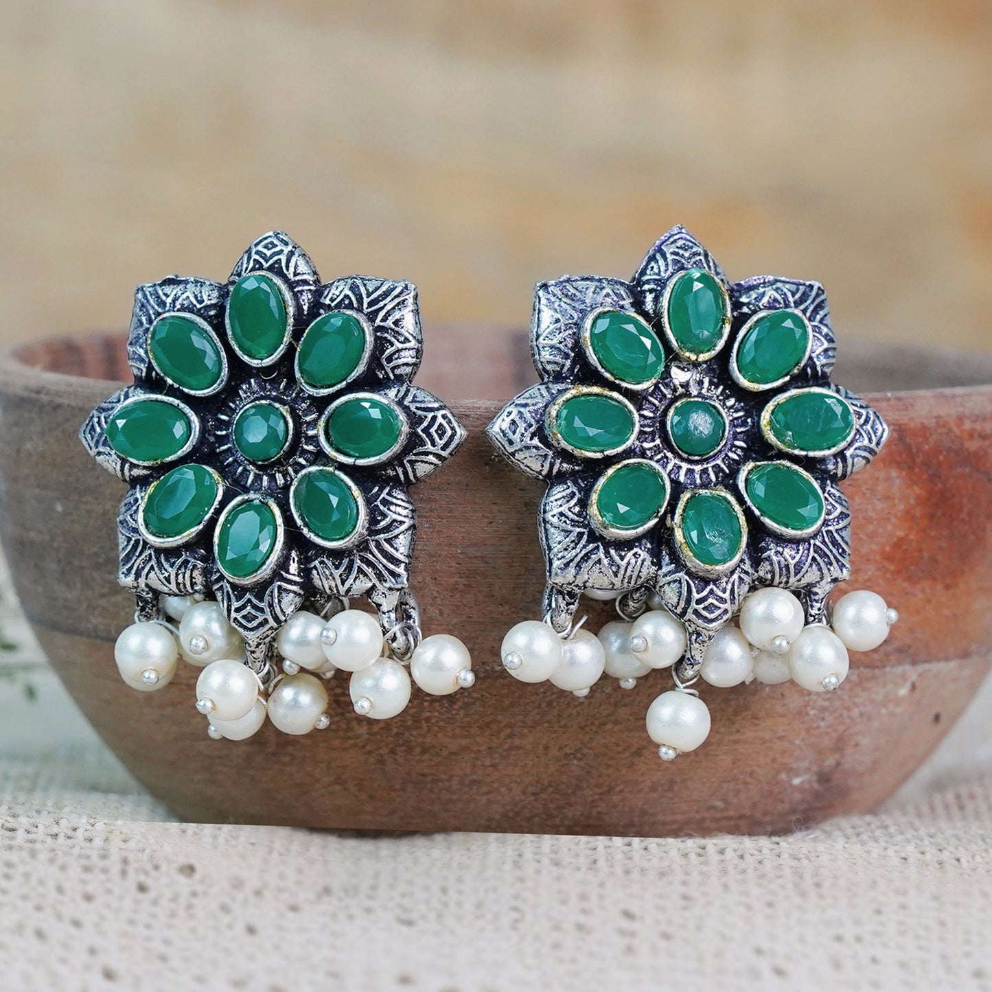 Green Stone Studded Oxidised Earrings With Hanging Pearls