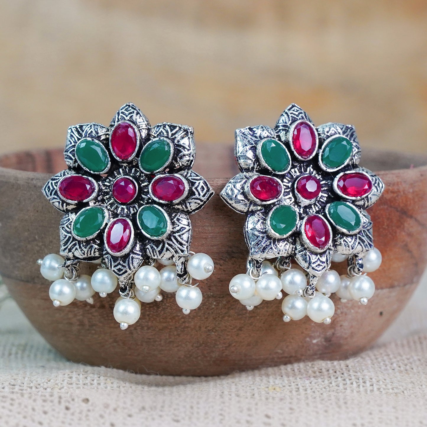 Multicolored Stone Studded Oxidised Earrings With Hanging Pearls