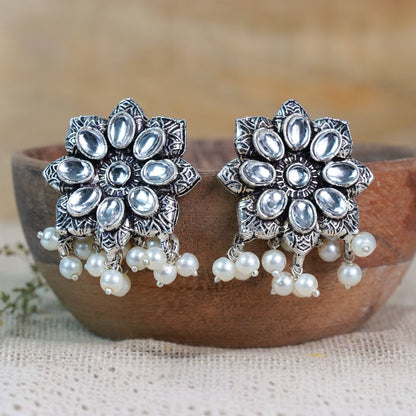 White Stone Studded Oxidised Earrings With Hanging Pearls