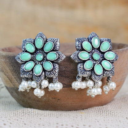 Pista Stone Studded Oxidised Earrings With Hanging Pearls