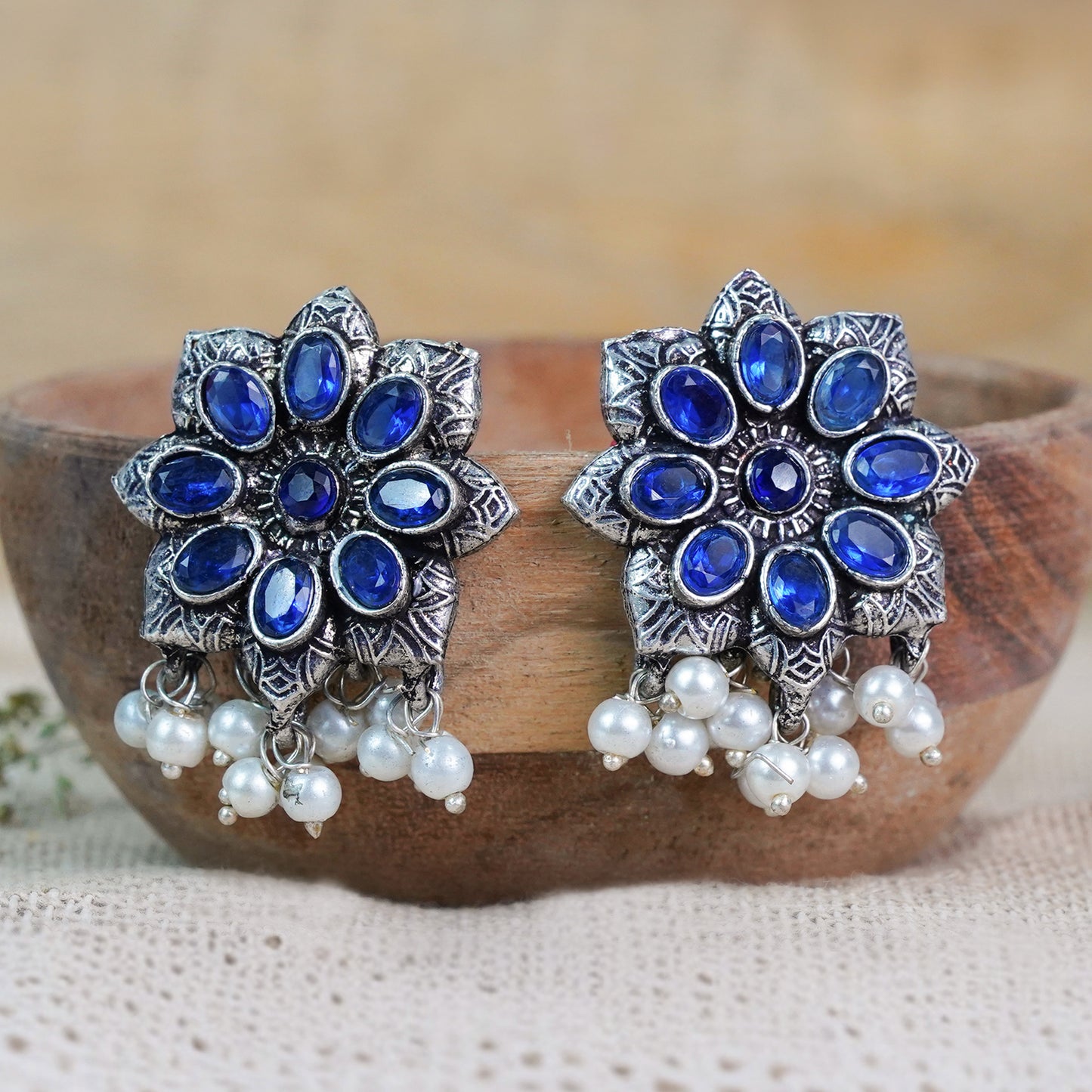 Blue Stone Studded Oxidised Earrings With Hanging Pearls