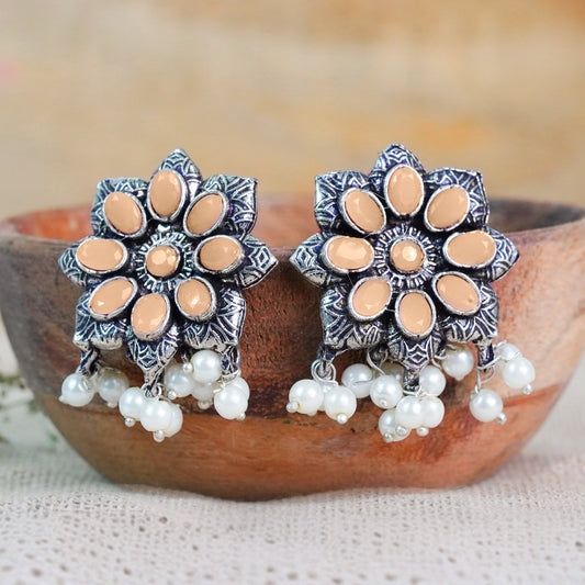 Light Orangish Stone Studded Oxidised Earrings With Hanging Pearls