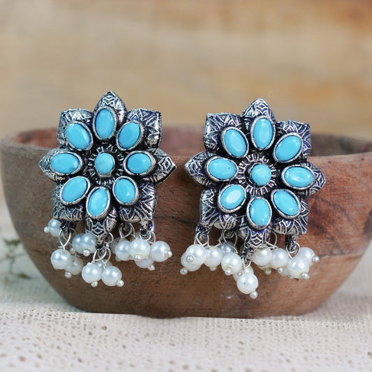 Sky Blue Stone Studded Oxidised Earrings With Hanging Pearls