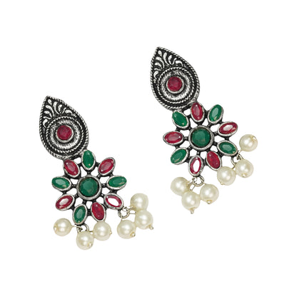 Multi Colored Stone Studded Oxidised Earrings With Hanging Pearls