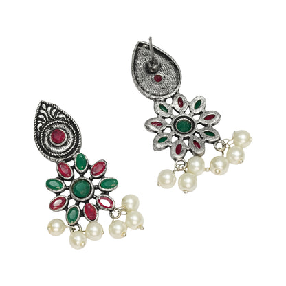 Multi Colored Stone Studded Oxidised Earrings With Hanging Pearls