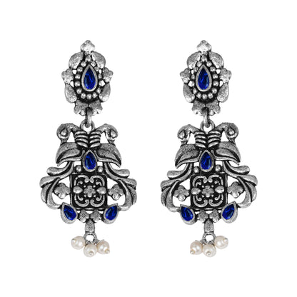 Blue Stone Studded Oxidised Earrings With Hanging Pearls