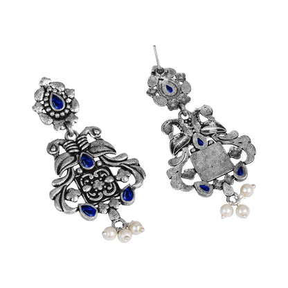 Blue Stone Studded Oxidised Earrings With Hanging Pearls