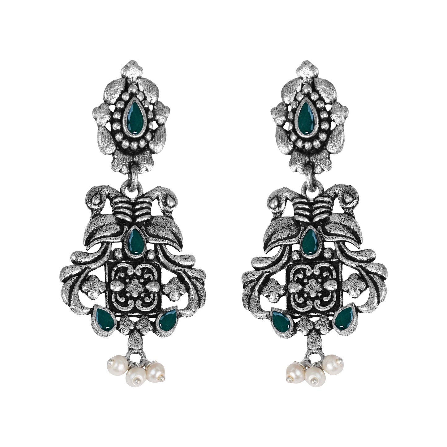 Green Stone Studded Oxidised Earrings With Hanging Pearls