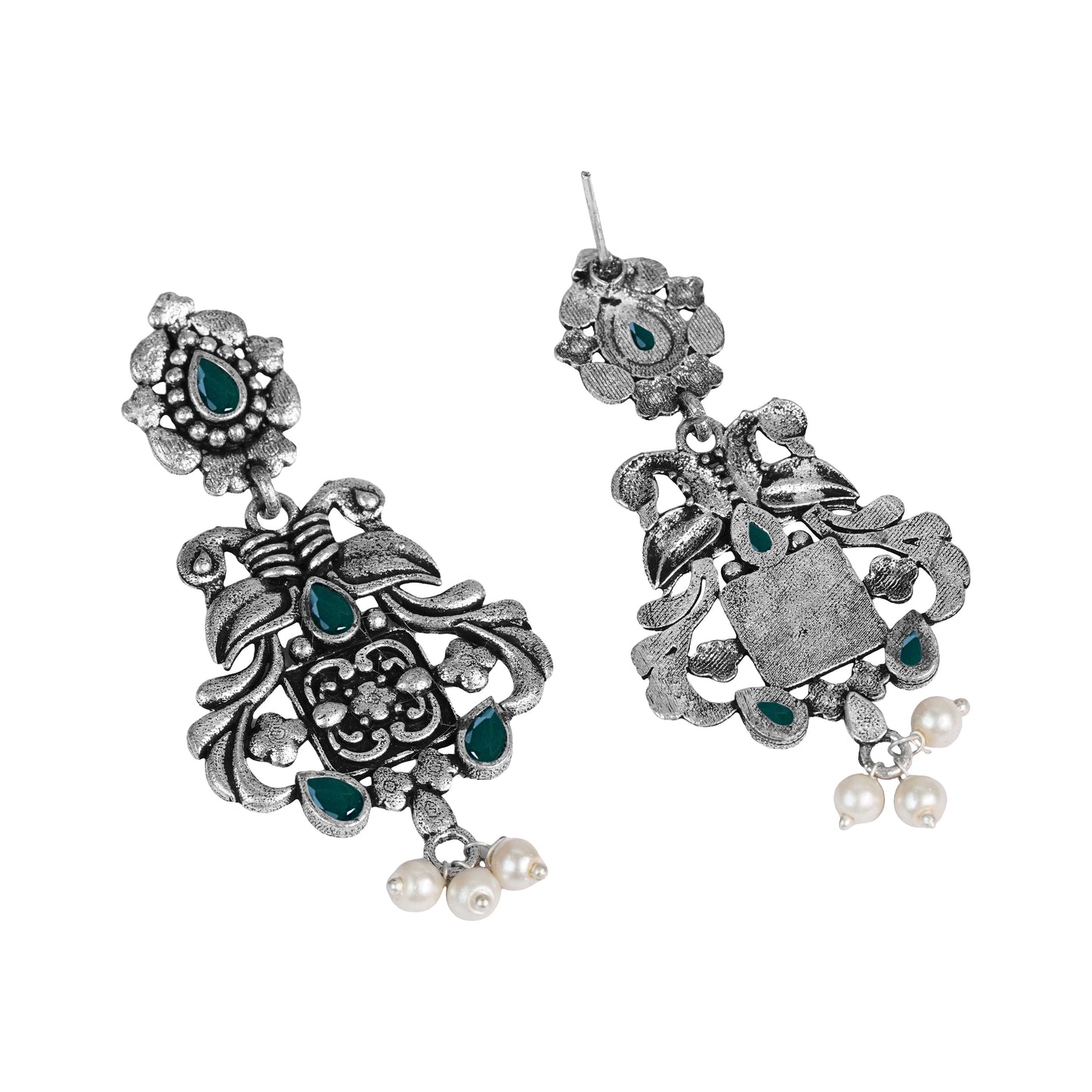 Green Stone Studded Oxidised Earrings With Hanging Pearls