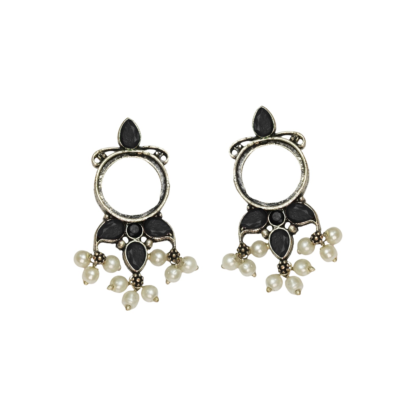 Black Stone Studded Oxidised Earrings With Hanging Pearls