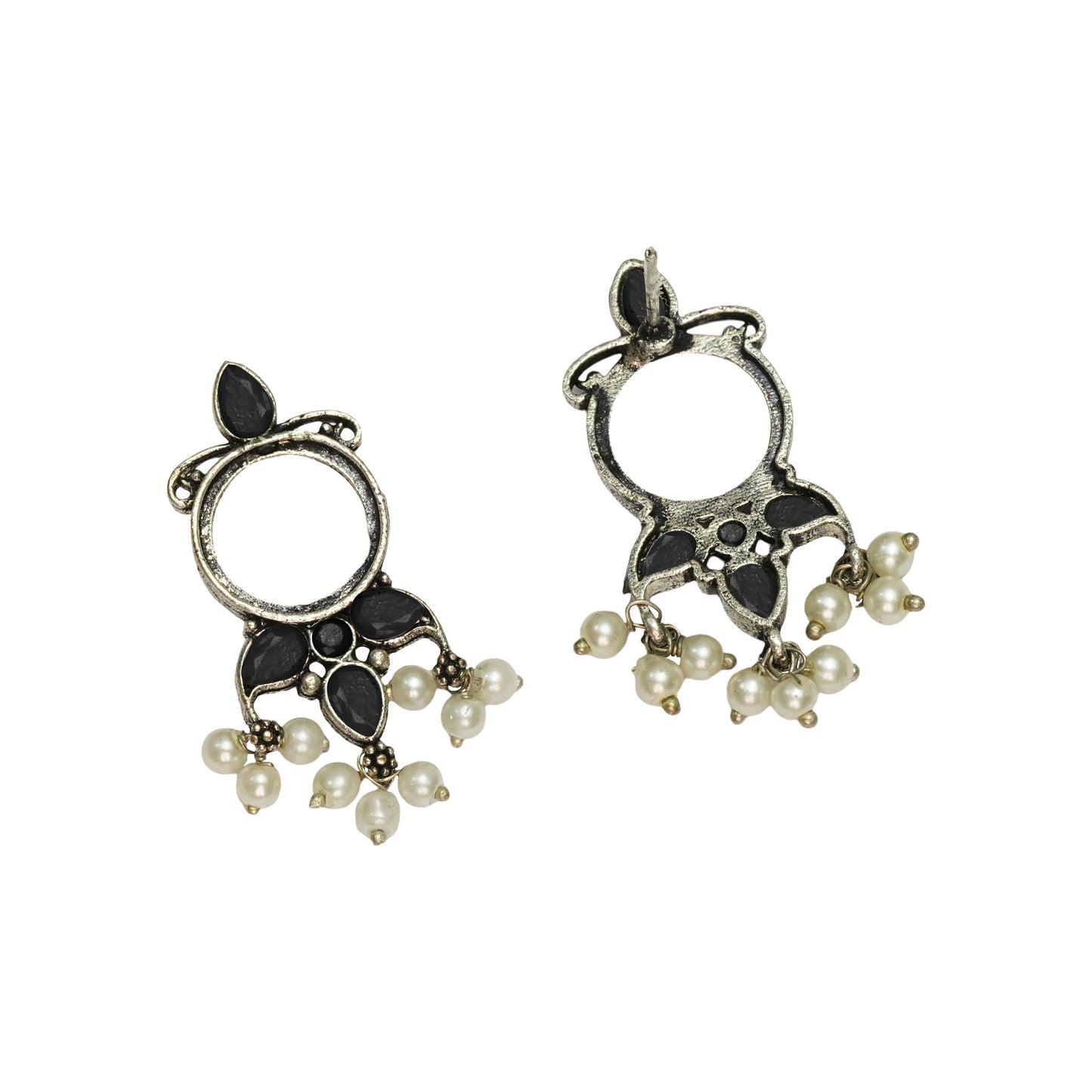 Black Stone Studded Oxidised Earrings With Hanging Pearls