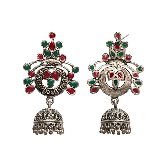 Multi Colored Stone Studded Oxidised Earrings With Hanging Jhumka