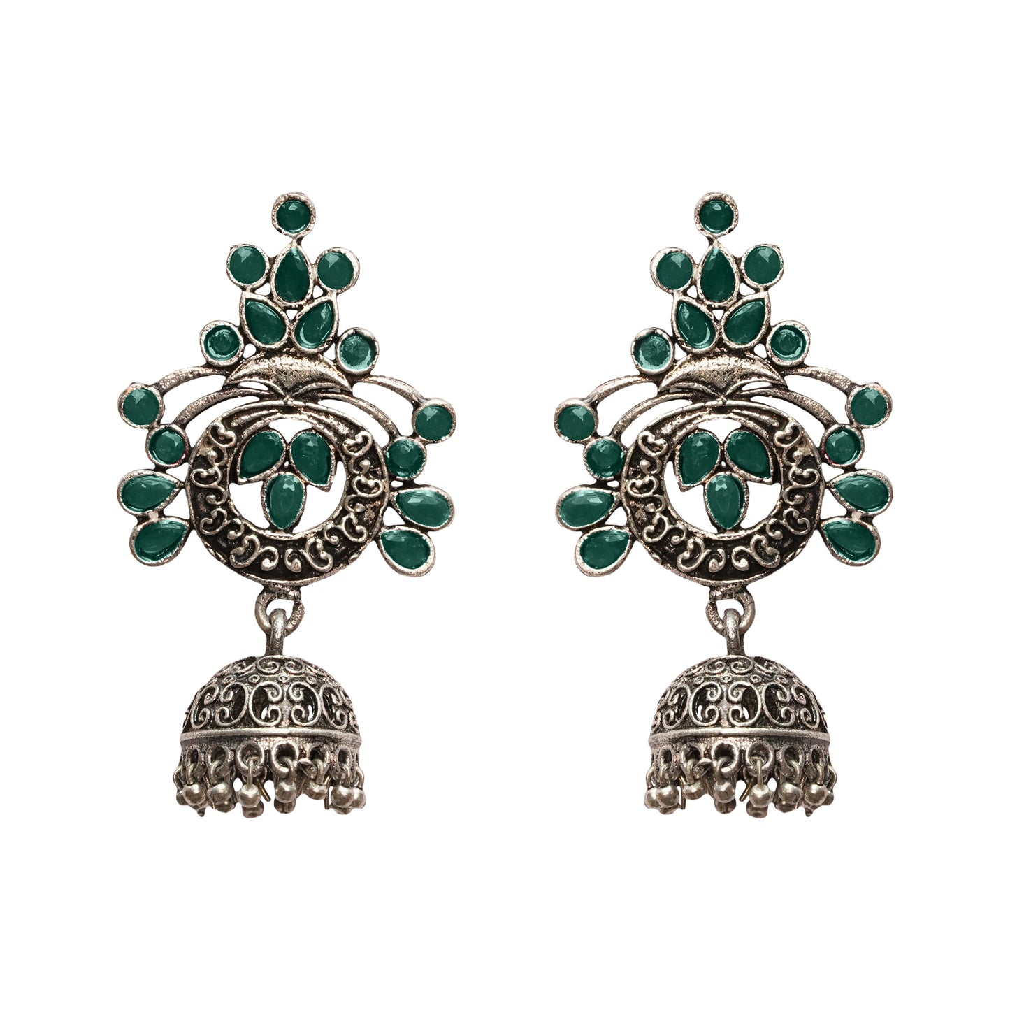 Multi Colored Stone Studded Oxidised Earrings With Hanging Jhumka