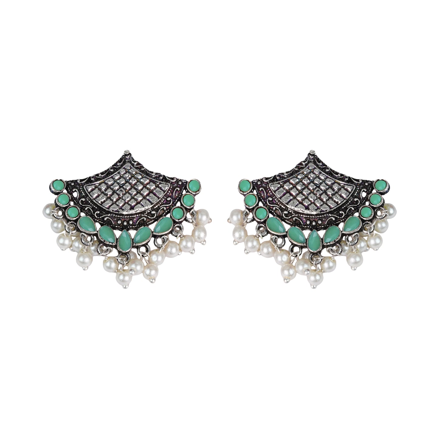 Pista Stone Studded Lotus Petal Shaped Oxidised Earrings With Hanging Line Of Pearl