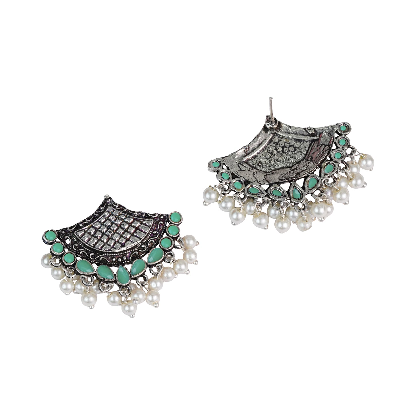 Pista Stone Studded Lotus Petal Shaped Oxidised Earrings With Hanging Line Of Pearl